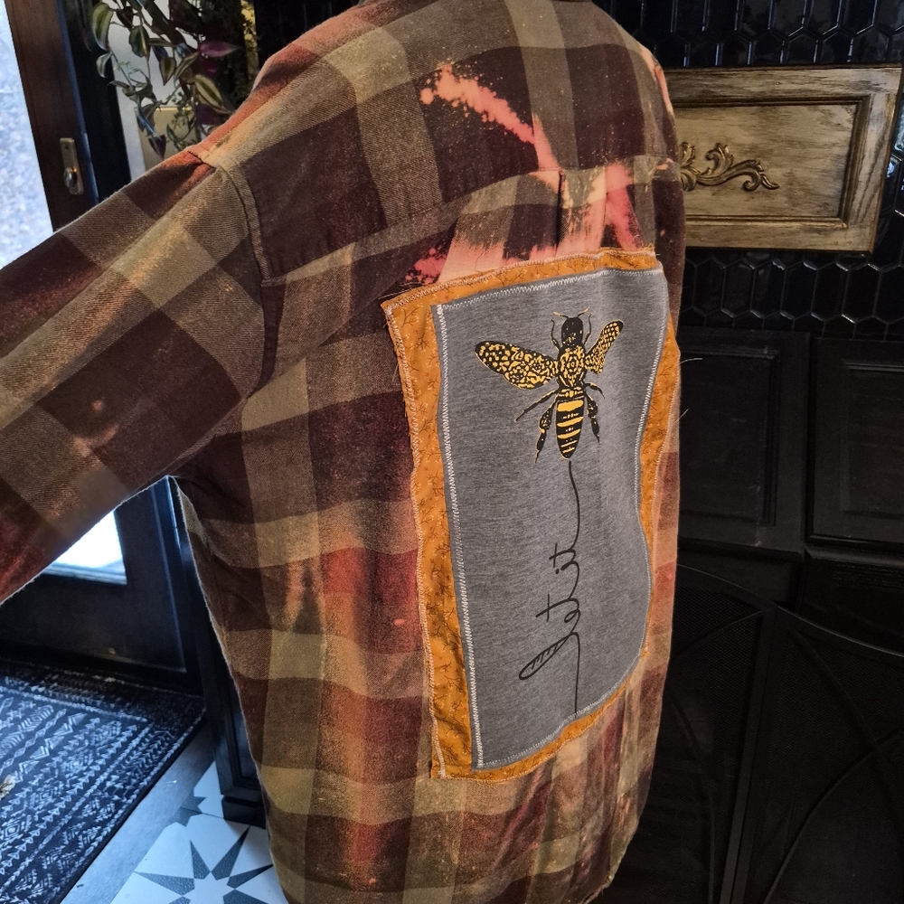 Upcycled Bleached And Distressed Flannel with Handmade Bee Patch Let It Bee - Picture 7 of 8